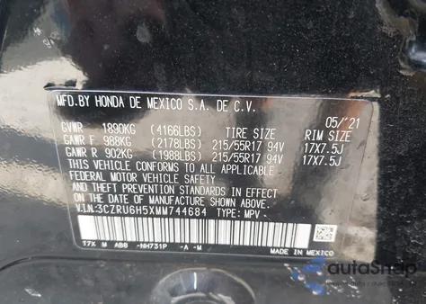 2021 Honda Hr-V Awd Ex from USA, damaged, VIN 3CZRU6H5XMM744684